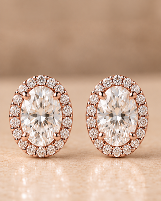 Front view of oval halo diamond stud earrings in rose gold